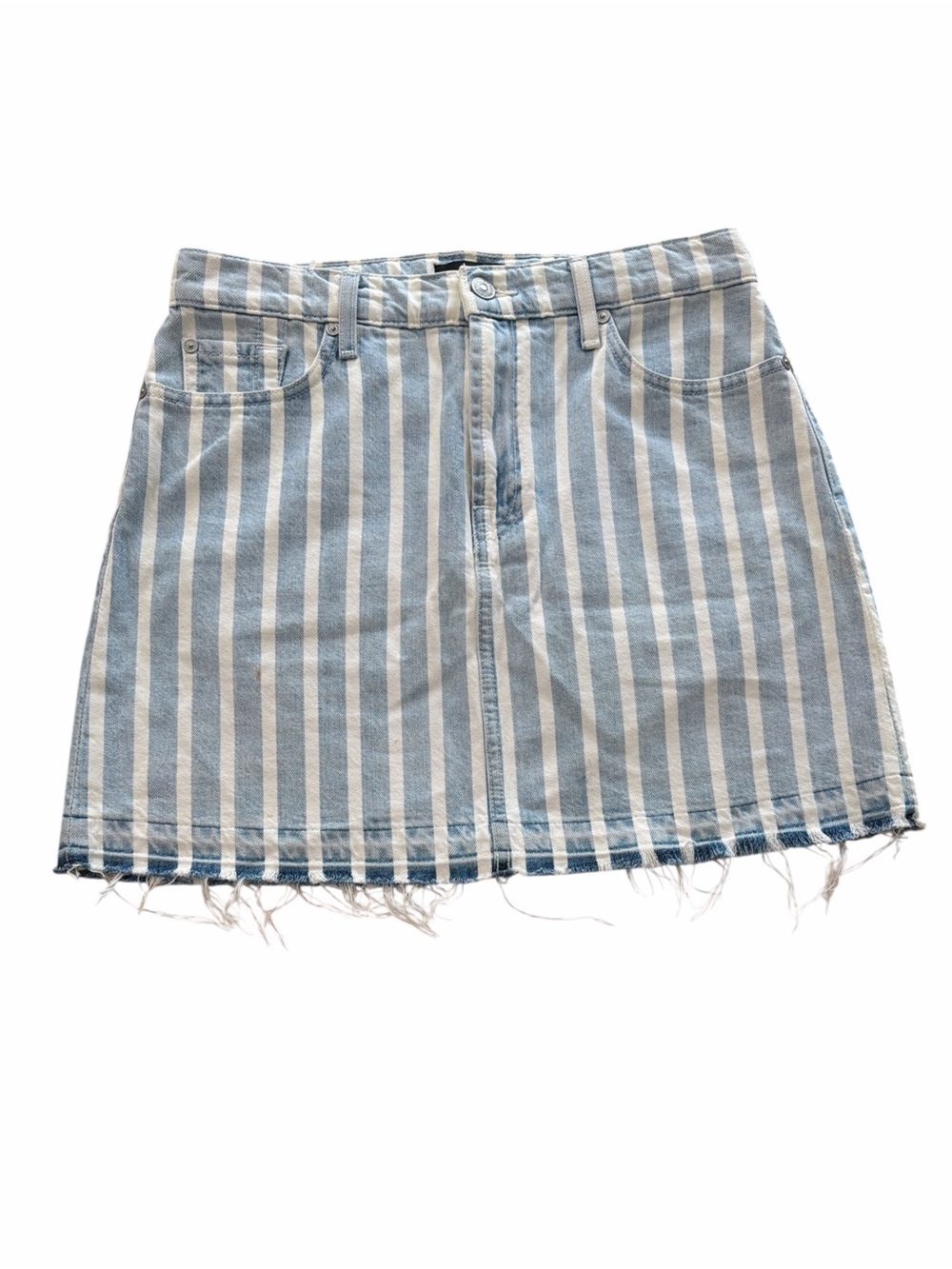 7 For All Mankind Blue and White Striped Denim Mini Skirt